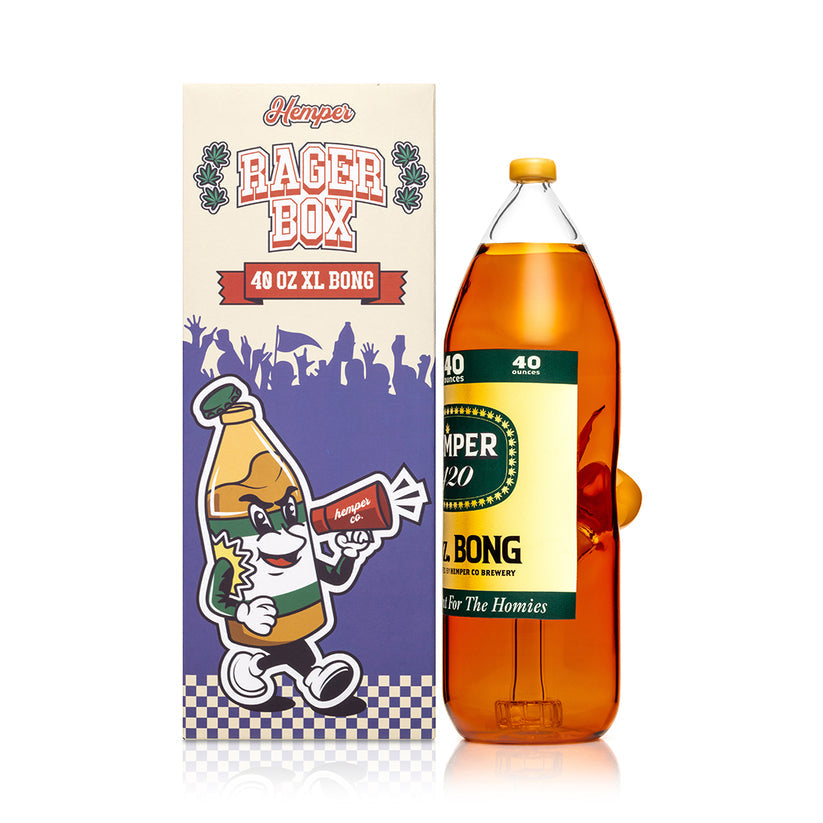 Side view of Hemper Forty Ounce XL amber bottle bong with green label and Rager Box, emphasizing tall party-ready water pipe.