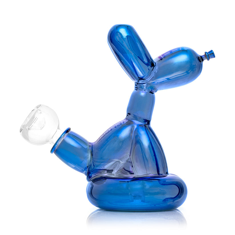 Profile shot of 5.5-inch blue Balloon Dog bong showing ear mouthpiece, recessed tail bowl joint and rounded base on clean white backdrop.