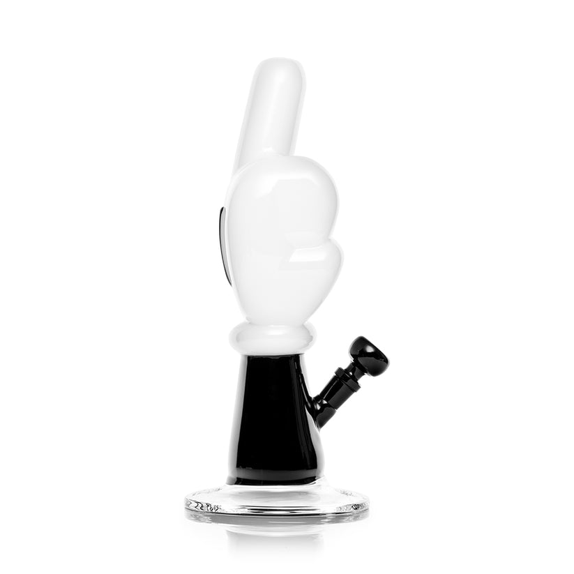 Side profile of Hemper High Jinx XL middle-finger cartoon bong showing 14.5 mm bowl joint on black base with clear round foot.
