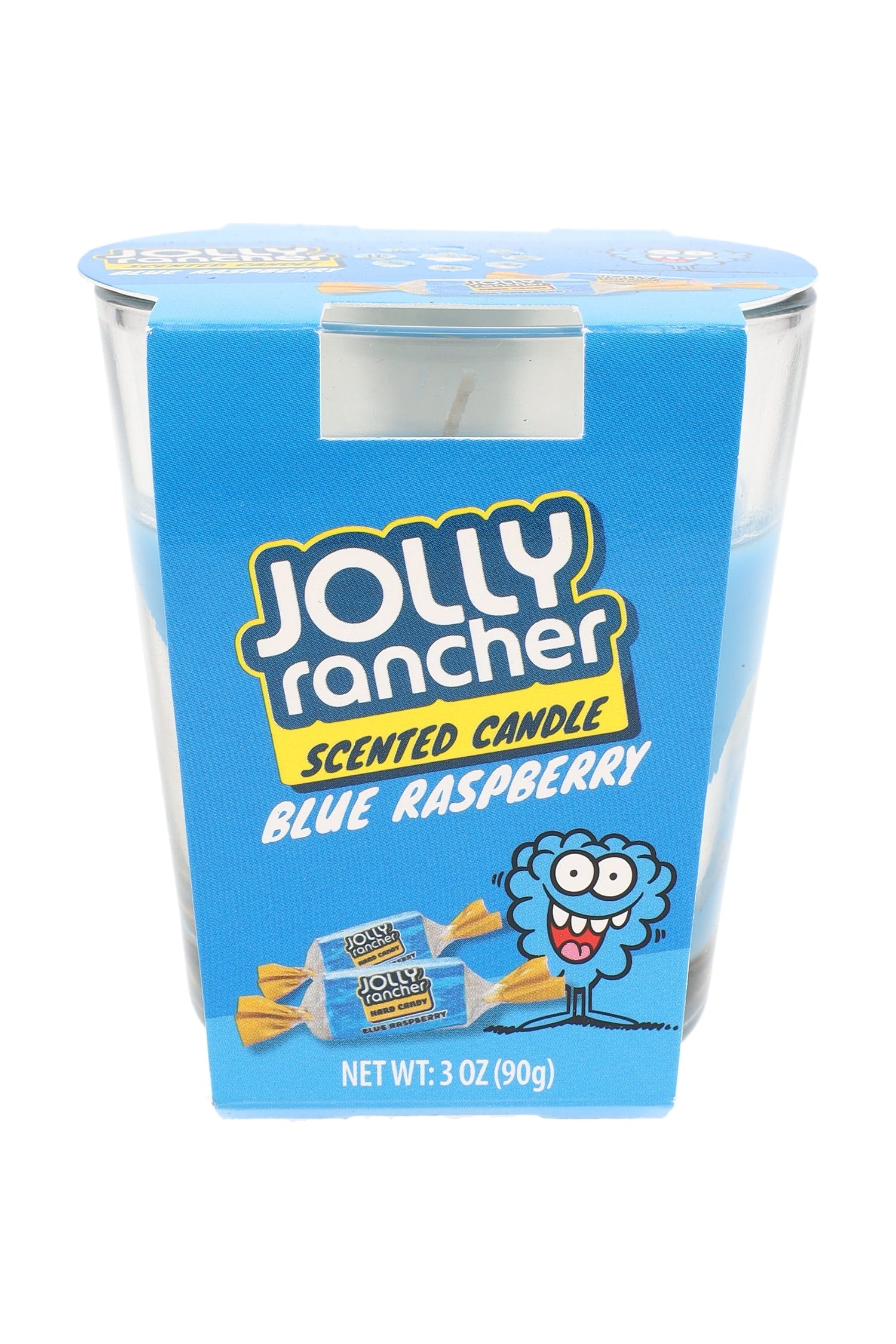 Jolly Rancher Blue Raspberry scented candle, blue wax in 3-oz glass tumbler, bright candy label featuring berry mascot