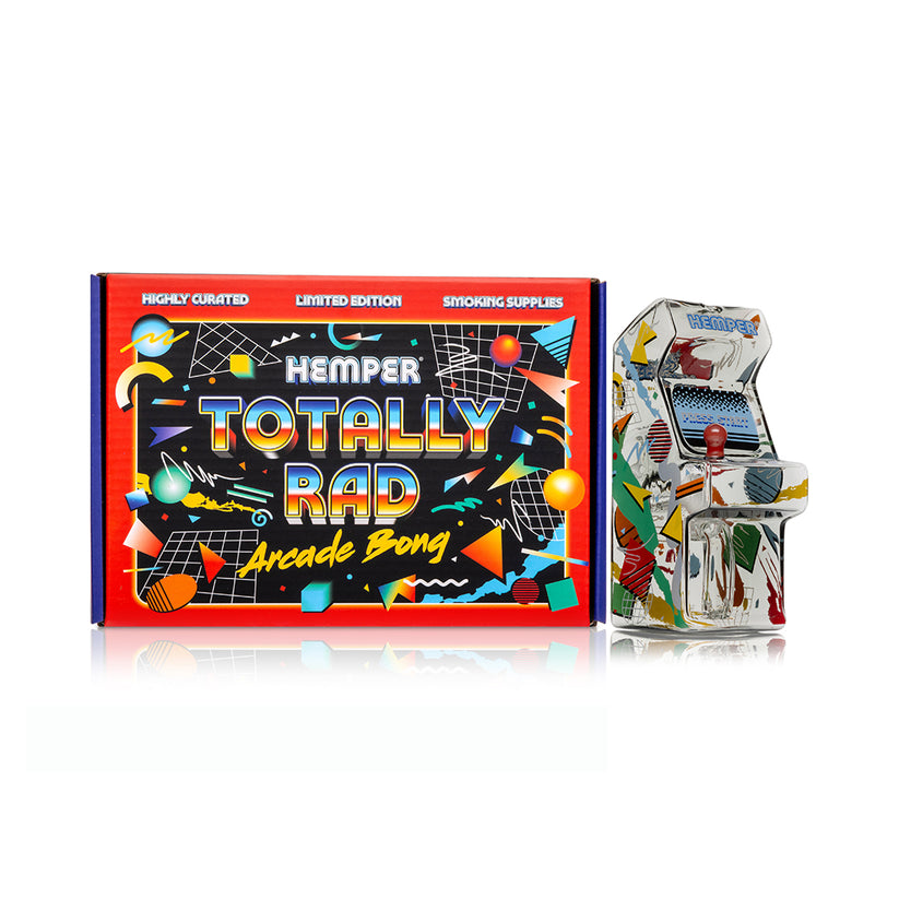 Front view of Hemper Totally Rad arcade bong with “Press Start” screen decal, joystick bowl and clear water chamber at the base.