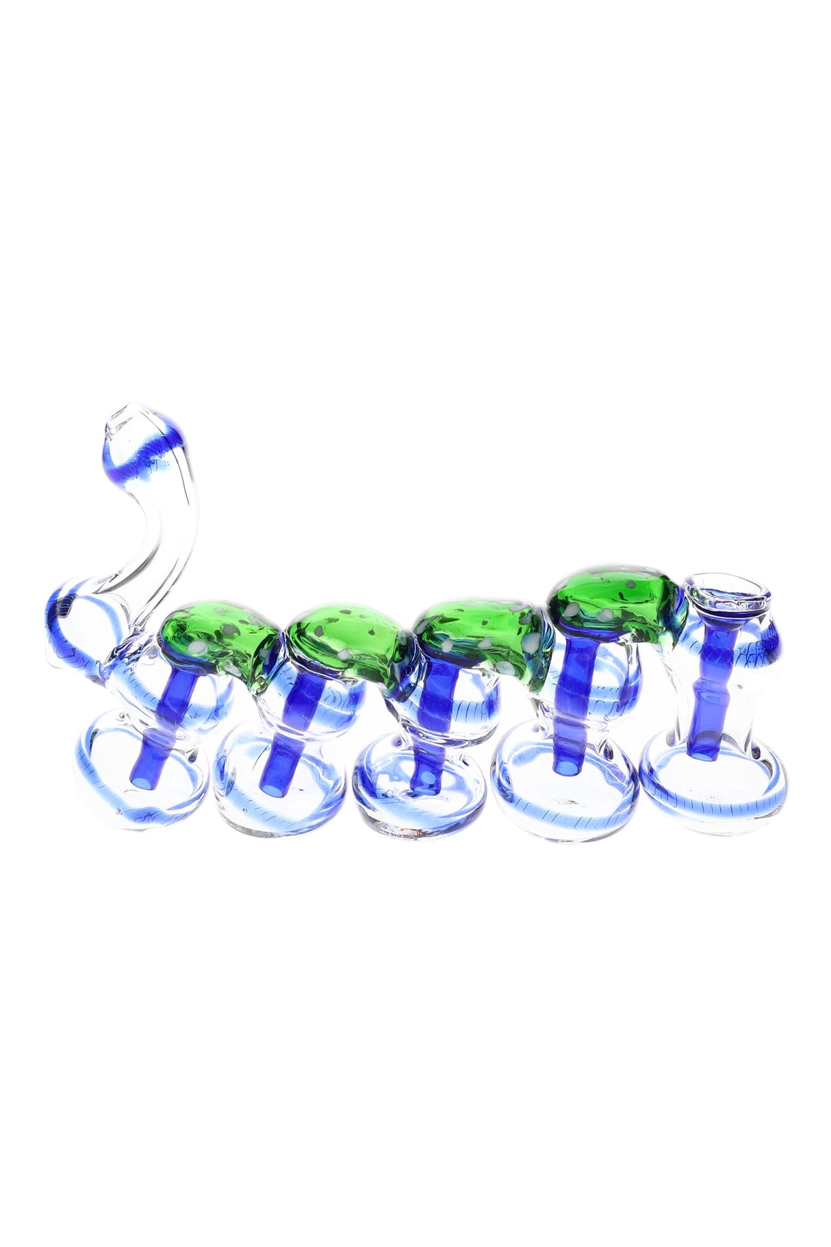 Side view of 9″ striped glass sherlock bubbler showing linked chambers, fixed bowl, and arched mouthpiece.