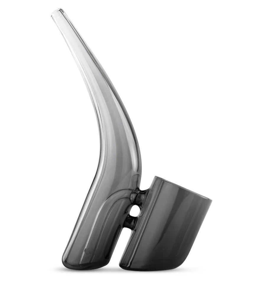 Smoky gray Puffco Proxy Bub water attachment standing upright, angled mouthpiece and tilted cup designed for compact, percolated cooling.