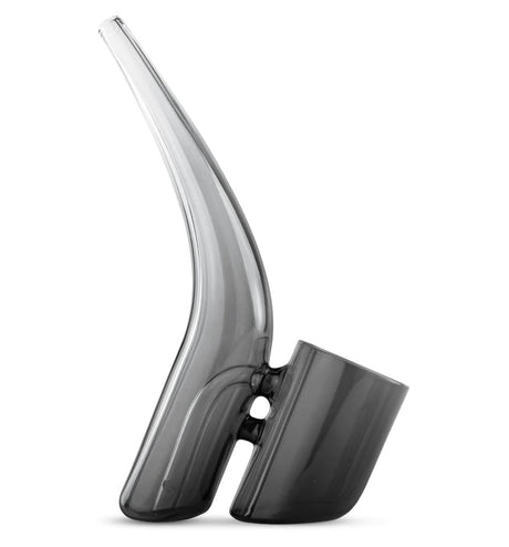 Smoky gray Puffco Proxy Bub water attachment standing upright, angled mouthpiece and tilted cup designed for compact, percolated cooling.