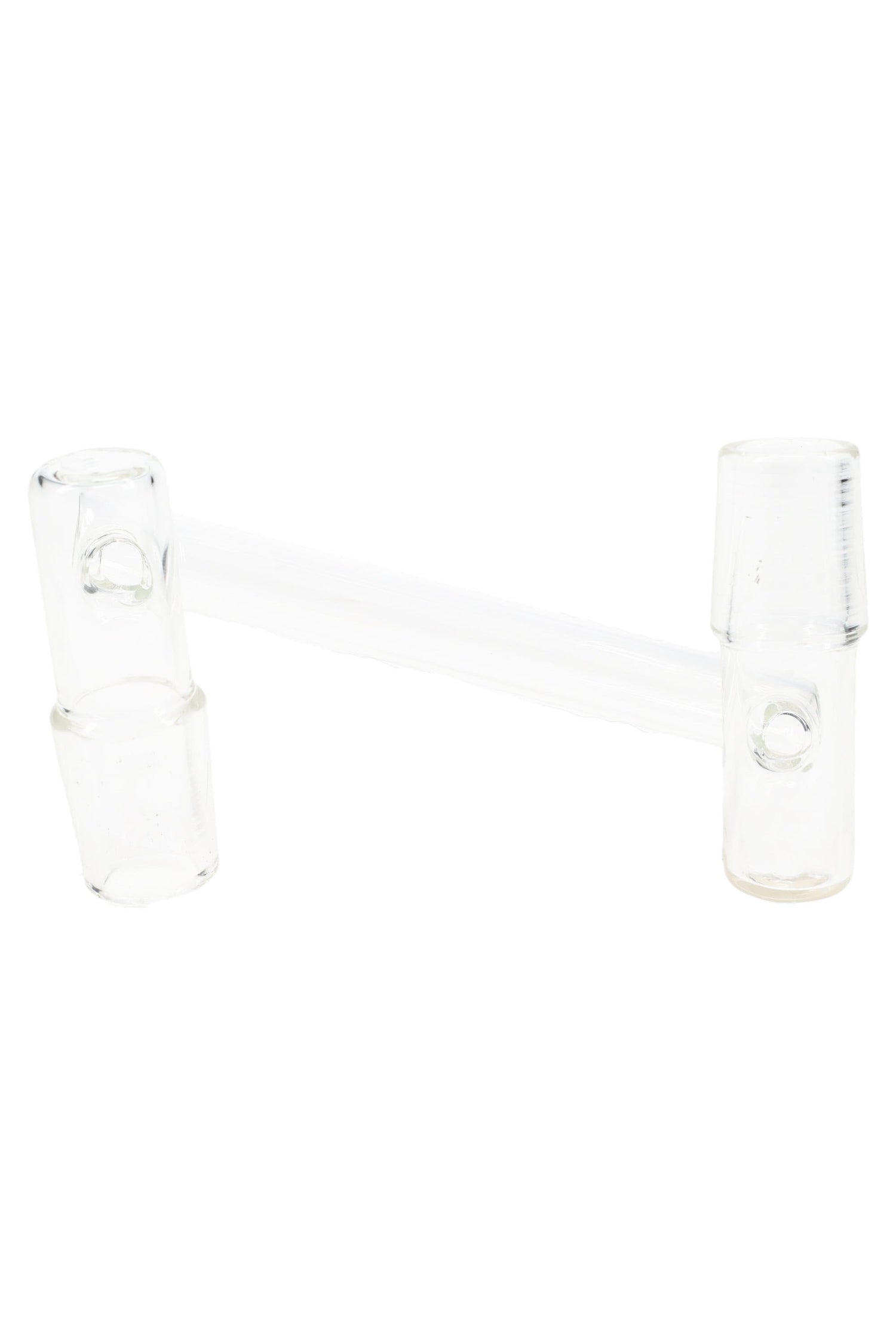 Clear drop-down sidecar glass adapter with two 18.8 mm male joints connected by an offset tube, shown angled on a white background.