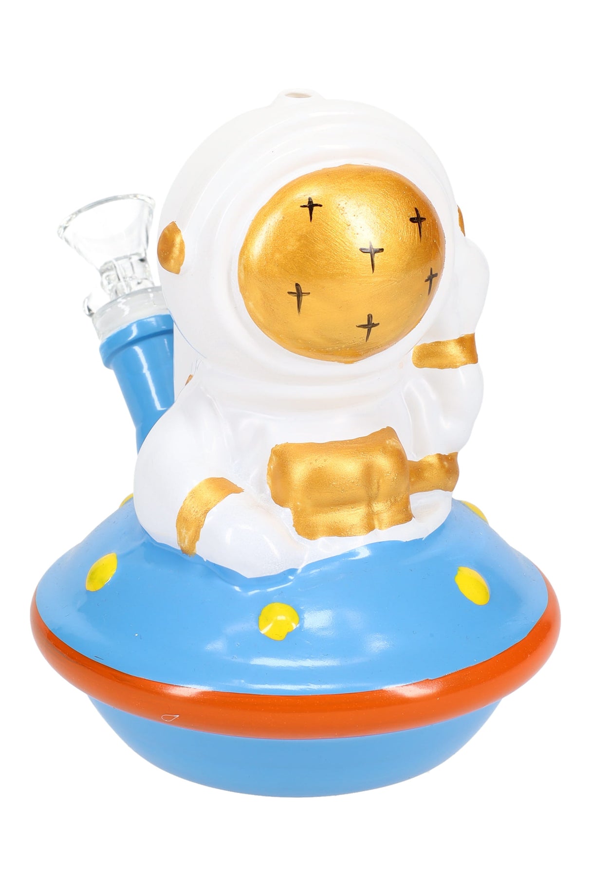White astronaut on blue saucer novelty mini bong, 6″, showing side-mounted glass bowl connection.