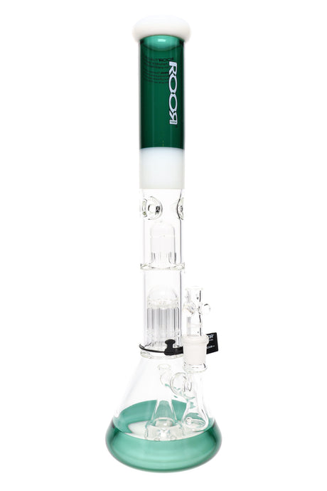 Green-white ROOR Tech multicolor 18″ beaker bong with dome, 10-arm tree and showerhead percs, stemless design, wide base, and reinforced intake.