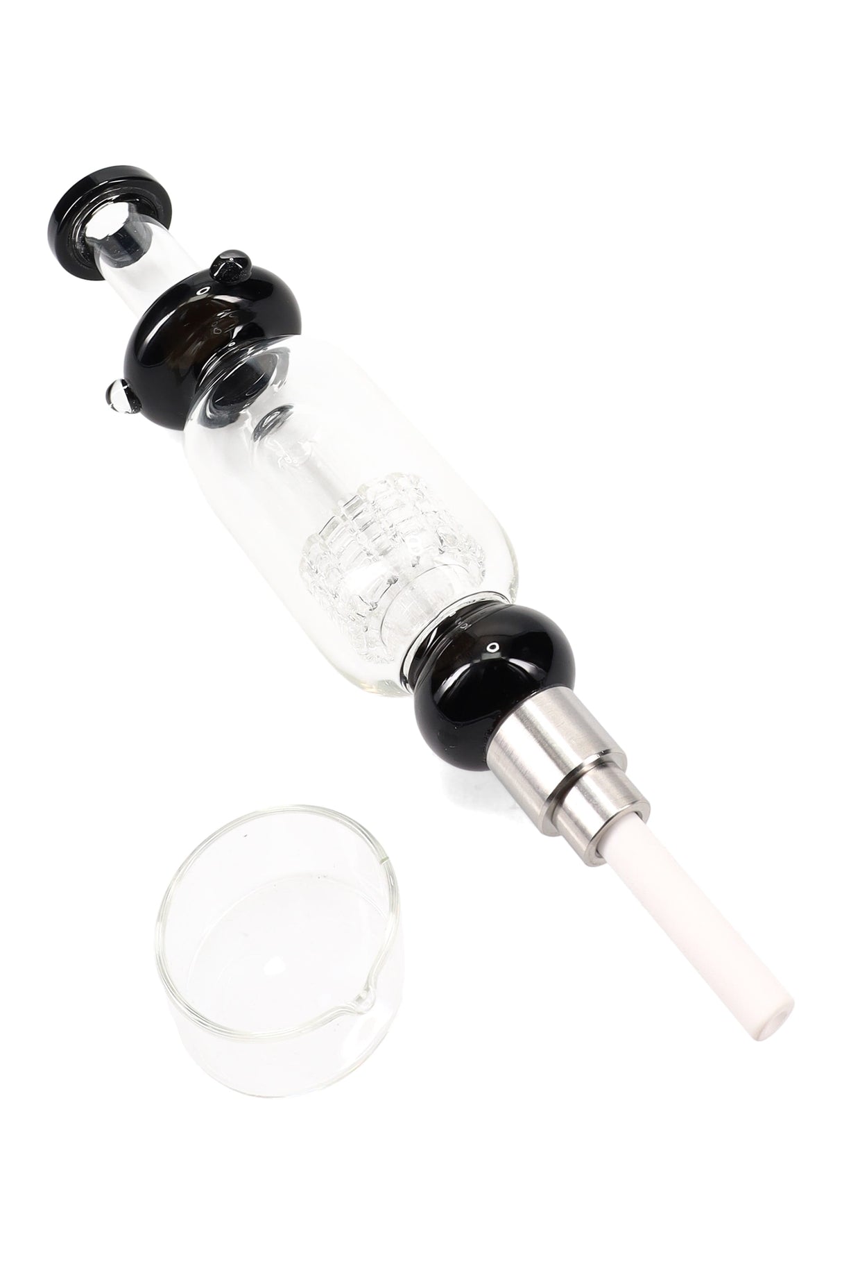 Black-accent matrix perc dab straw kit with ceramic tip and glass dish; sturdy 8½-inch concentrate straw.