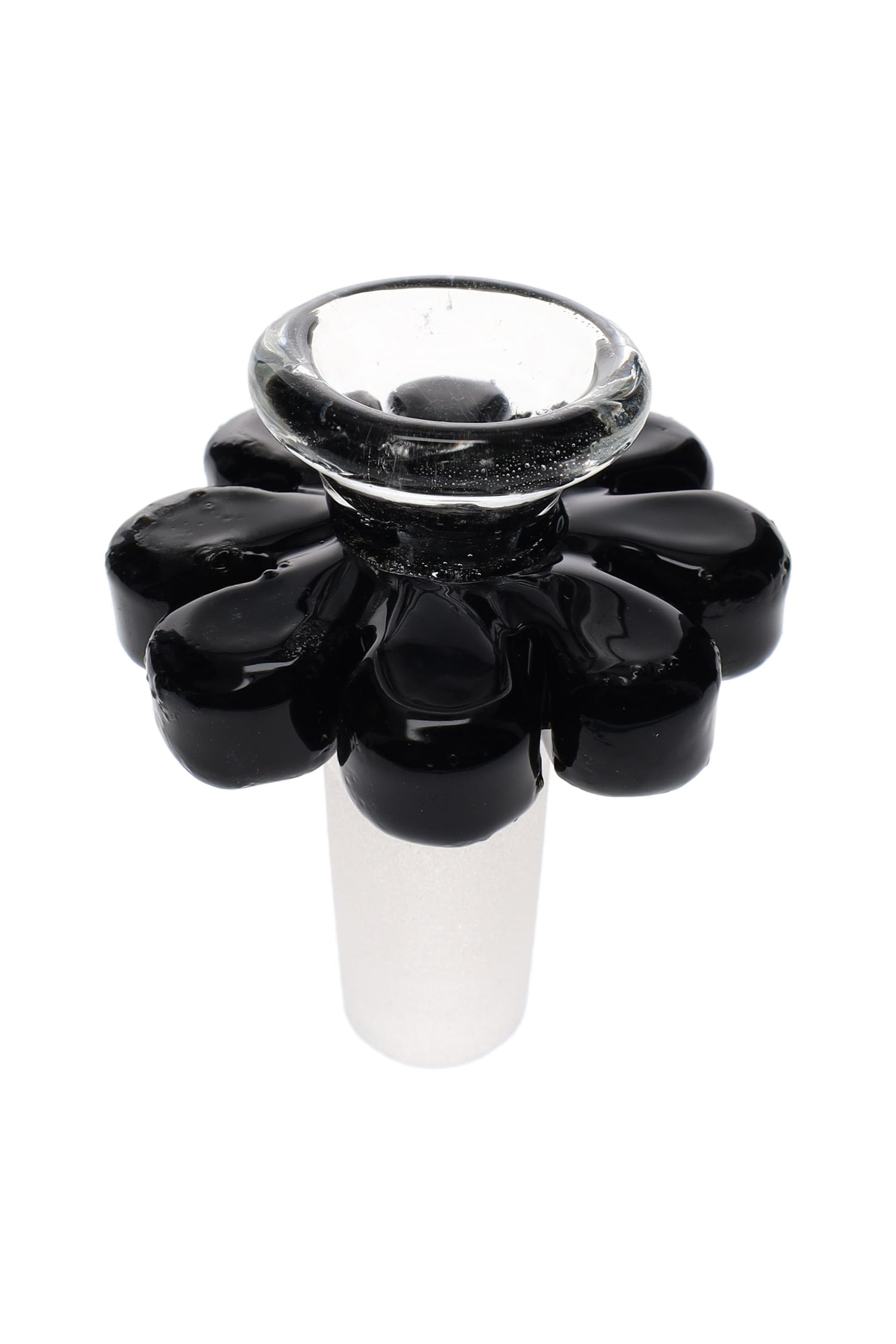 Glossy black flower glass bong bowl with 14.5 mm male frosted joint and clear cup; wide petal ring acts as stable roll-stop.