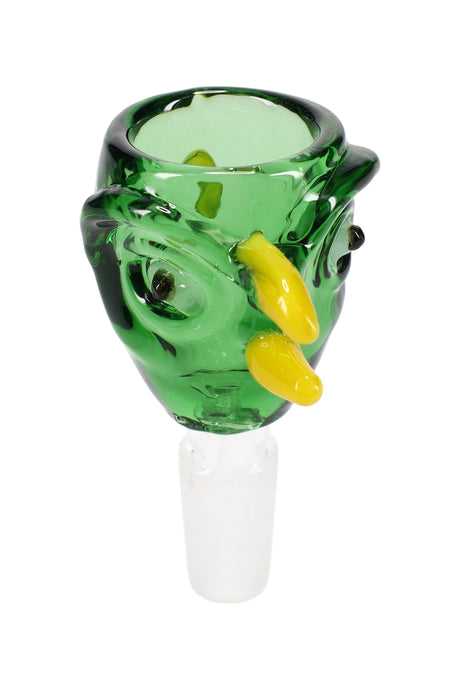 Side view of 14.5 mm male bird-shaped glass bong bowl showing crest and beak; compatible solely with 14.5 mm female joints.