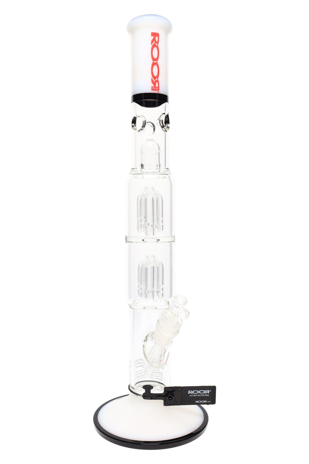 White-accent ROOR Tech 17-inch straight tube water pipe with double tree percs, ice pinch, glass-on-glass downstem and bowl on wide white base.