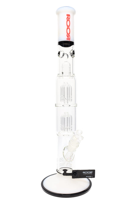White-accent ROOR Tech 17-inch straight tube water pipe with double tree percs, ice pinch, glass-on-glass downstem and bowl on wide white base.