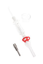 Mini 10 mm glass dab straw kit with 10 mm tip, red keck clip and glass wax dish; compact 7½″ setup for concentrates.