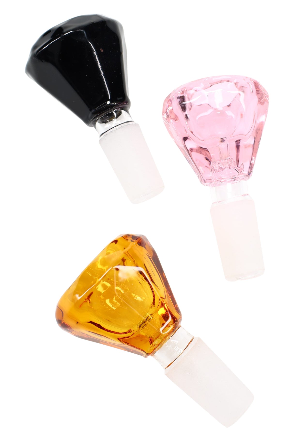 Three diamond-cut colored glass bong bowls with 14.5 mm male ground joints in black, pink, and amber, featuring faceted sides.