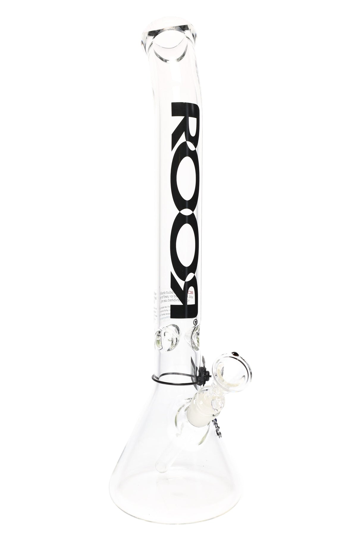 ROOR 18-inch bent-neck beaker bong, 5 mm glass, ice pinch, GOG joint with bowl and downstem, clear body with black ROOR logo.