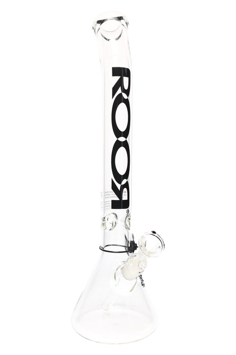 ROOR 18-inch bent-neck beaker bong, 5 mm glass, ice pinch, GOG joint with bowl and downstem, clear body with black ROOR logo.