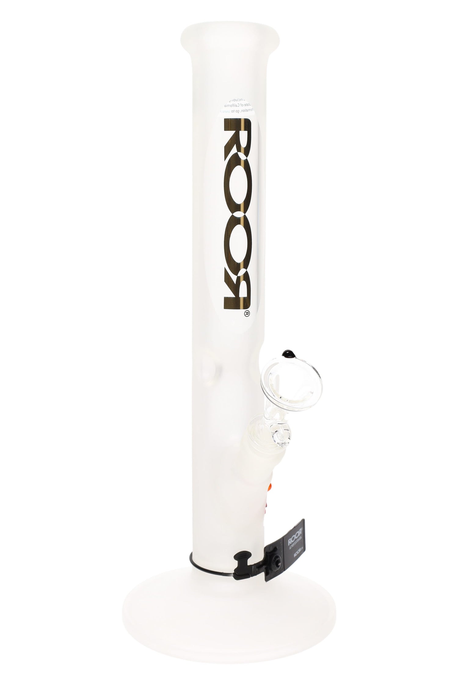 ROOR frosted 14″ straight shooter bong showing clear angled downstem, flared mouthpiece, and bold ROOR decal on the neck.