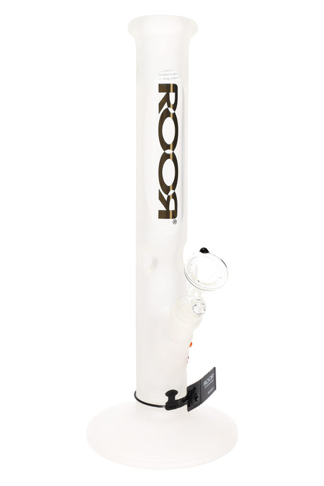 ROOR frosted 14″ straight shooter bong showing clear angled downstem, flared mouthpiece, and bold ROOR decal on the neck.