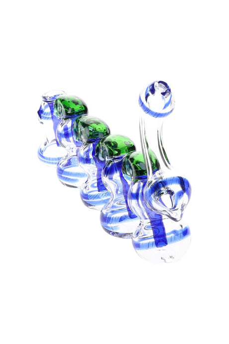 Clear multi-chamber sherlock bubbler with blue stripes, green dome accents, and curved mouthpiece, about 9″ long on white background.