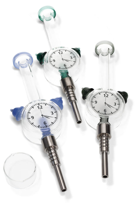 Clock-themed glass dab straw kit with metal tip and quartz dish, three colors shown together; 8-inch concentrate straw.