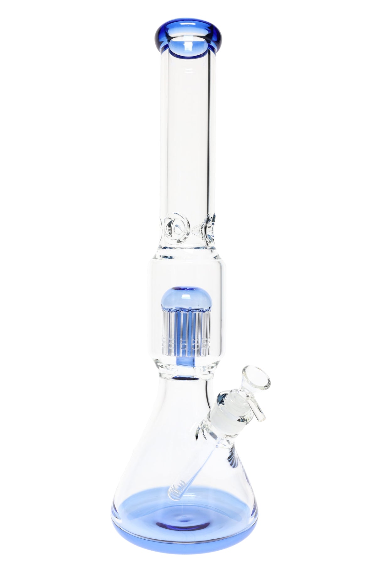 Light blue-accent 18-inch glass beaker bong showing tree percolator, ice pinch, and angled downstem.