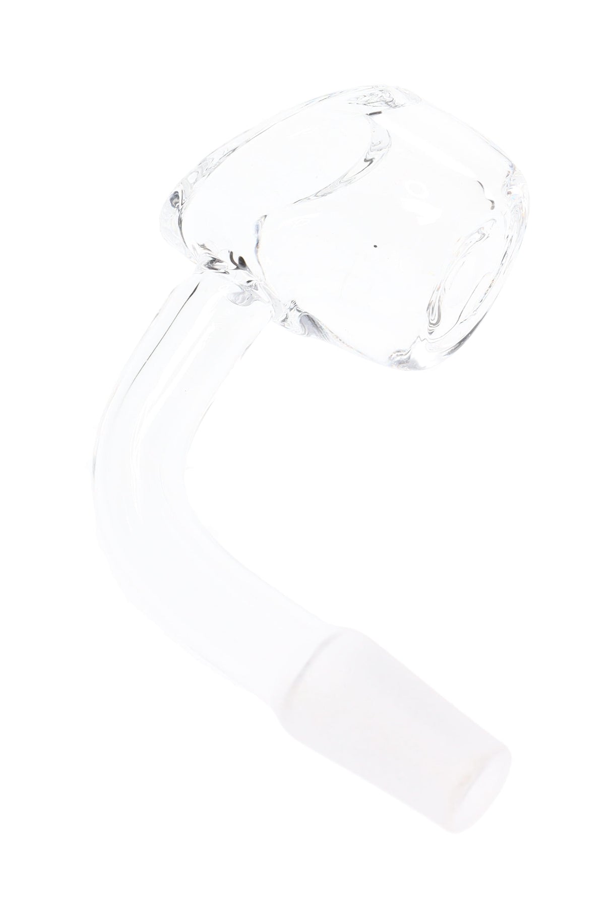 Clear quartz 10 mm male domeless banger with deep bucket and curved neck, 4 mm thick walls; replacement dab nail for concentrates.