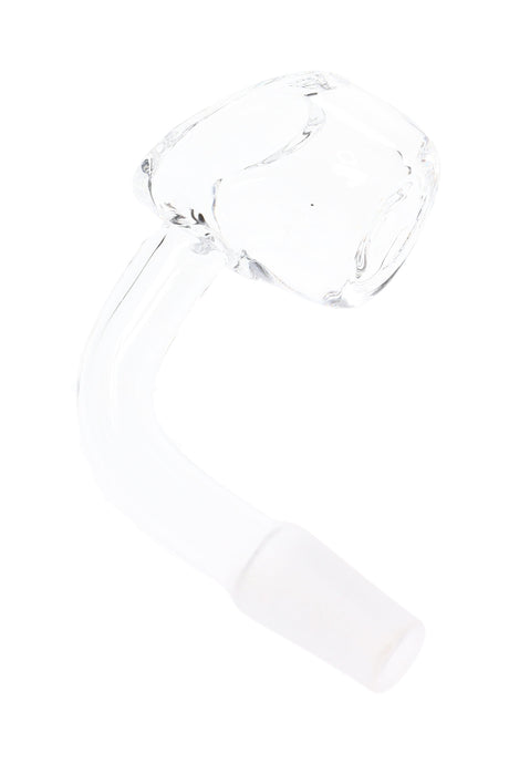 Clear quartz 10 mm male domeless banger with deep bucket and curved neck, 4 mm thick walls; replacement dab nail for concentrates.