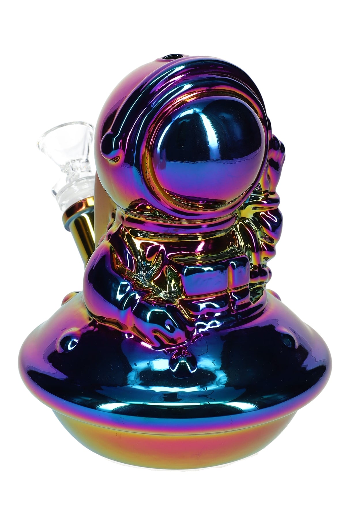 Rainbow-iridescent astronaut UFO glass mini bong with reflective finish and GoG joint, approximately 6″.