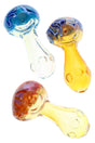 Three 3-inch color-changing frit glass spoon pipes in blue, amber and yellow tones arranged diagonally on white backdrop