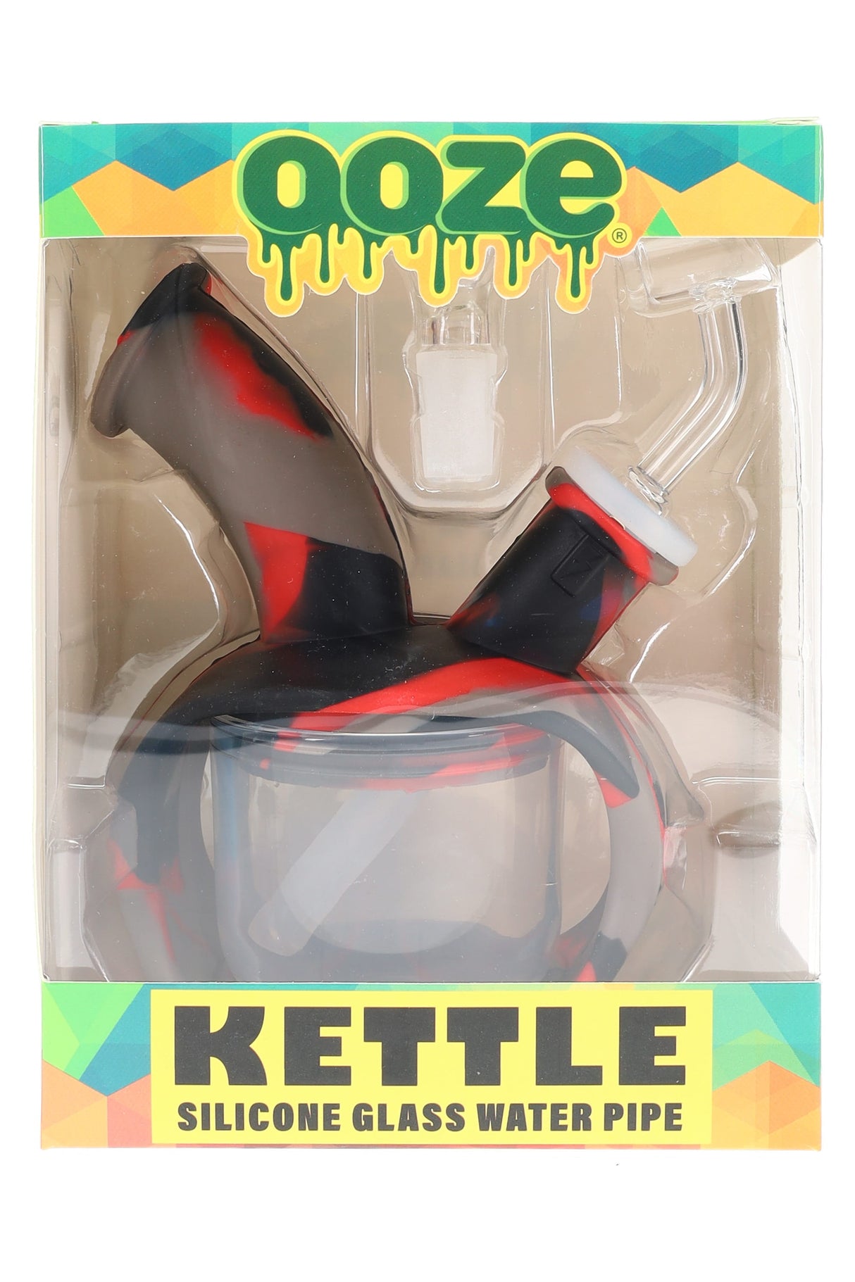 Black, gray, and red “After Midnight” Ooze Kettle silicone glass water pipe boxed with accessories, 6″ bubbler.