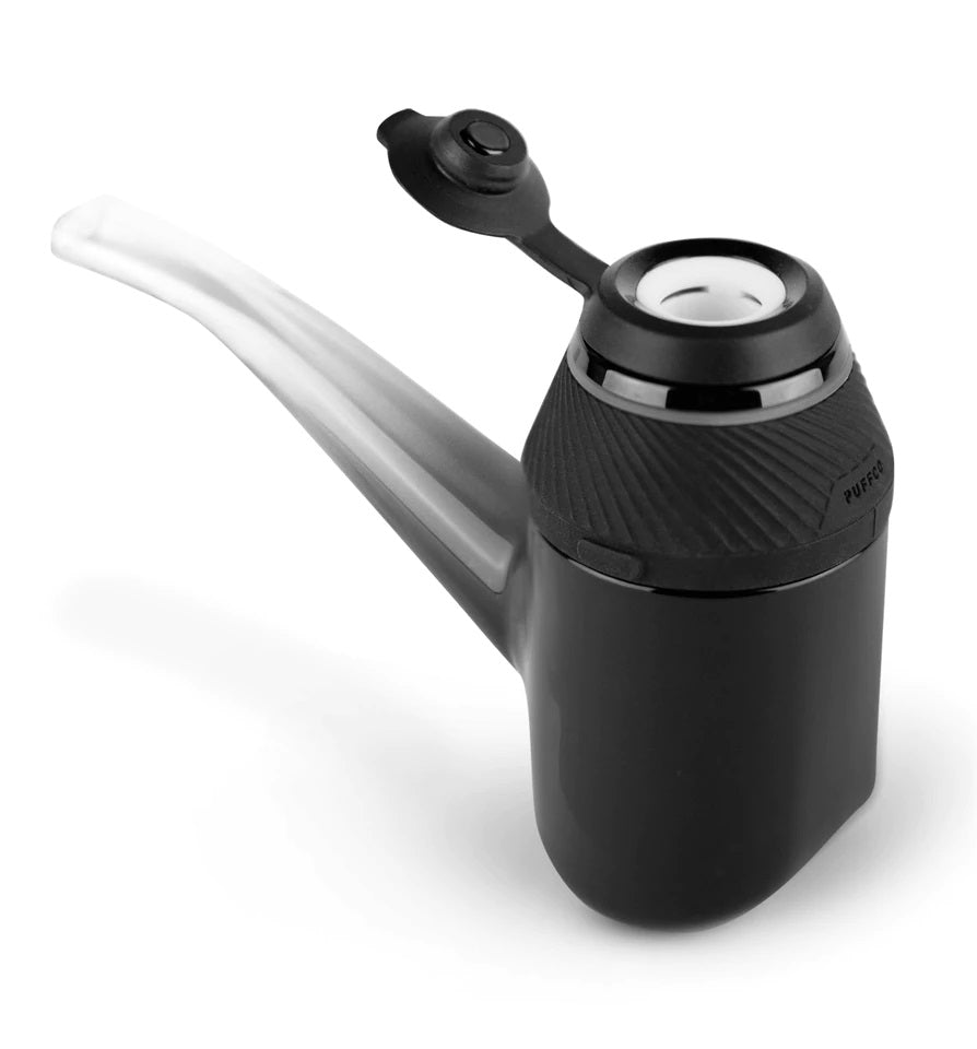 Top angle of Proxy with cap open, exposing white ceramic chamber inside the modular vaporizer.