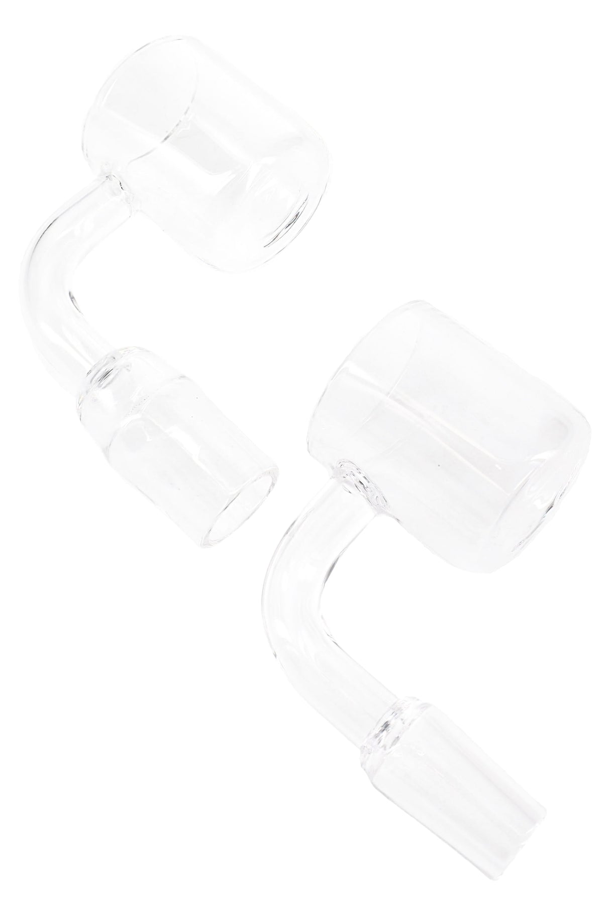 Clear quartz 30 mm flat-top bucket bangers with 90° necks, two joint styles shown on a white background for dab rigs.