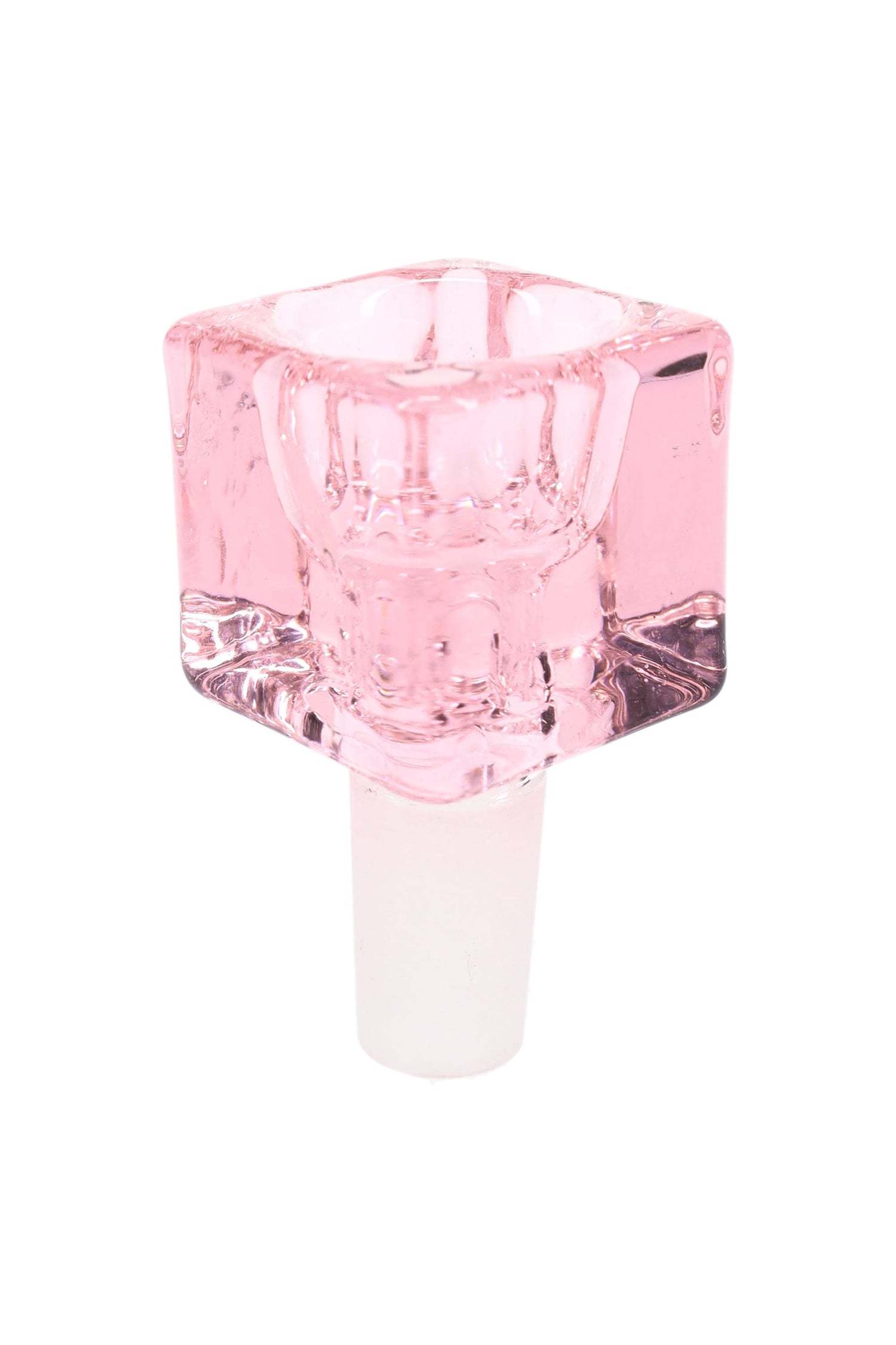 Soft pink glass cube bowl slide for 14 mm male joints, side angle showing thick walls and glossy finish on white backdrop.