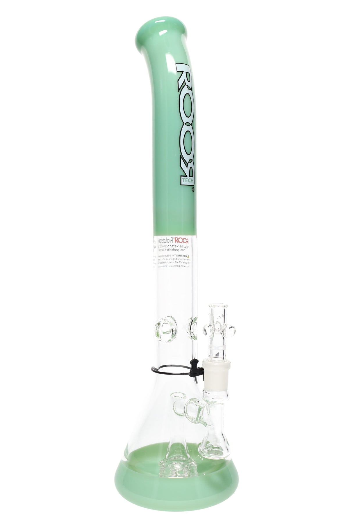 Mint green ROOR Tech 18″ bent-neck stemless beaker bong with showerhead percolator, clear chamber, reinforced joint and broad beaker base.