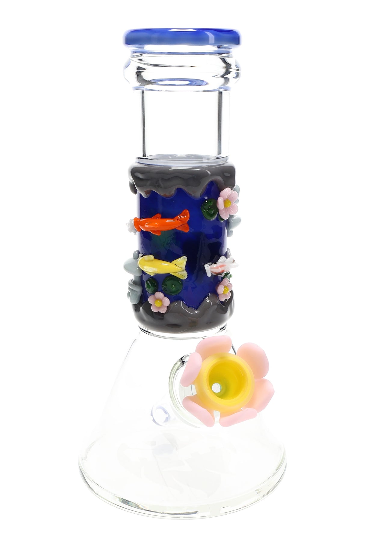US-made baby beaker bong with clear base and blue worked neck showing koi fish and blossoms, flared mouthpiece and compact profile.