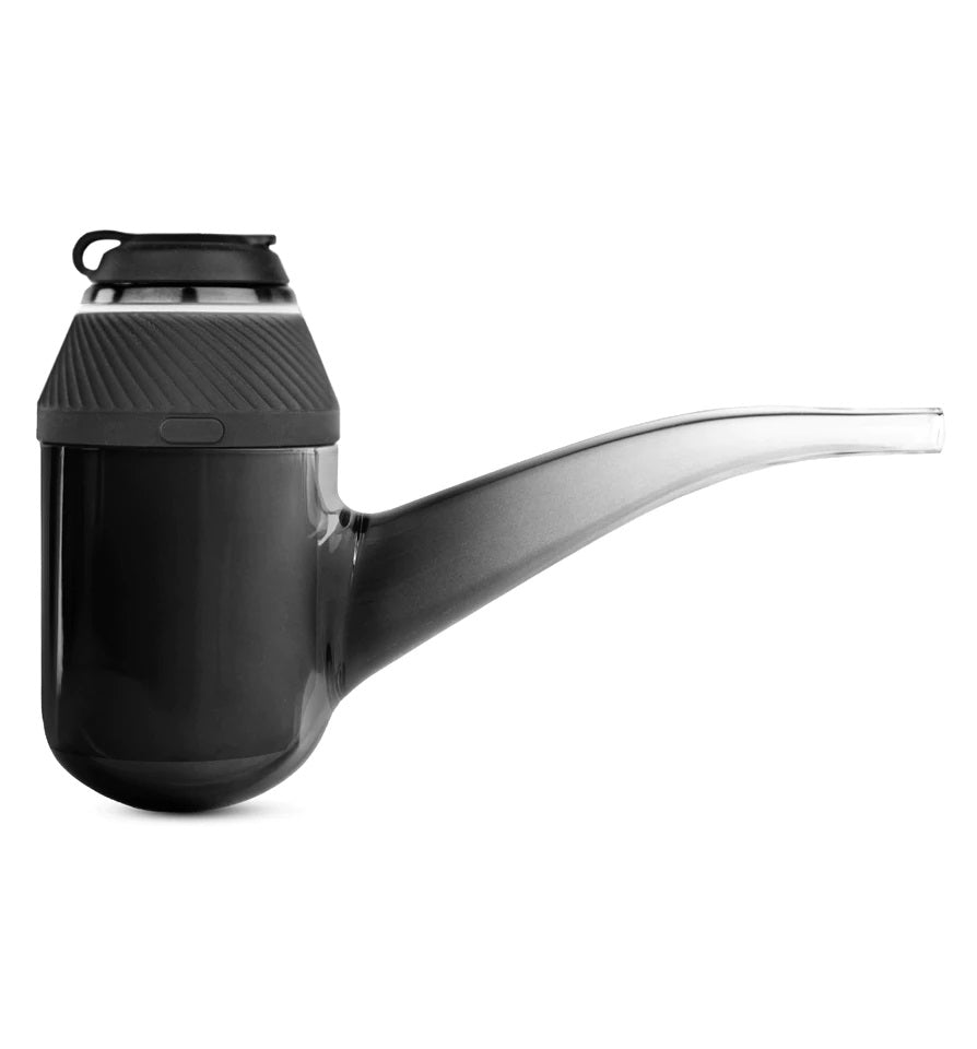 Side profile of Puffco Proxy in black with tapered glass stem attached to the modular core and silicone grip.