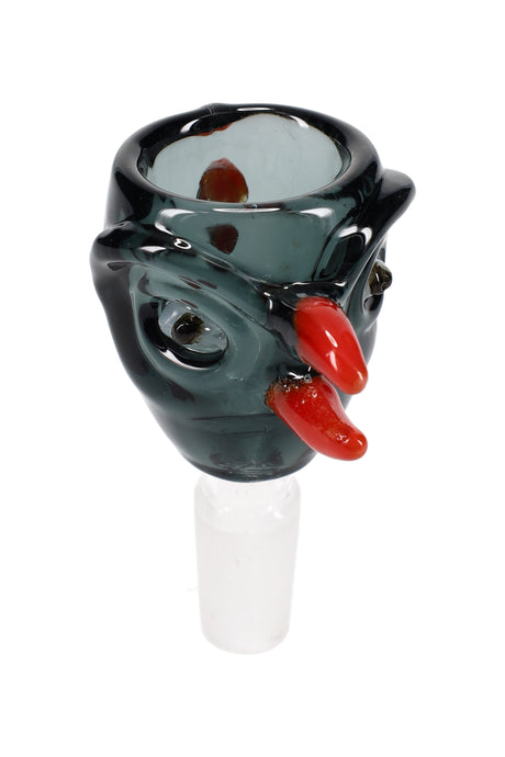 Overhead look at bird-motif 14.5 mm male bong bowl; worked colors and clean joint; use only with matching 14.5 mm female connection.