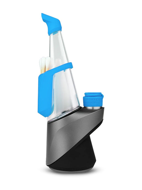 Blue Travel Pack on Peak Pro with matching silicone mouthpiece and backpack plus Oculus carb cap for viewing vapor.
