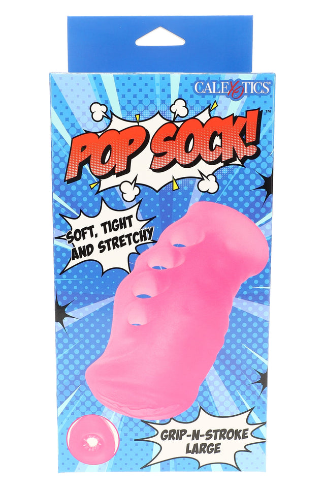 pink 6.25-inch TPE Pop Sock Grip-N-Stroke male masturbator sleeve with four-finger handle and comic packaging