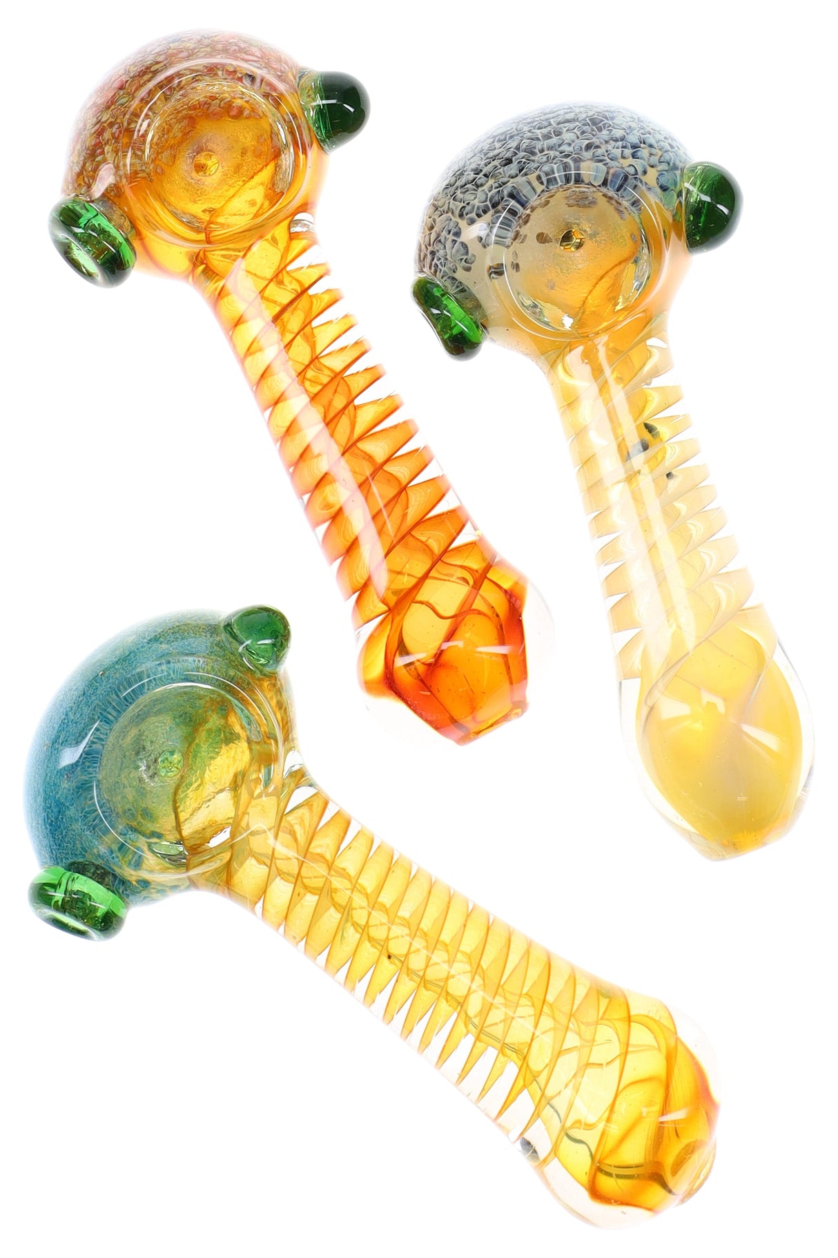 4-inch color-changing glass spoon pipe with spiral ribbed stem, frit-worked bowl, and side carb; assorted accent colors.