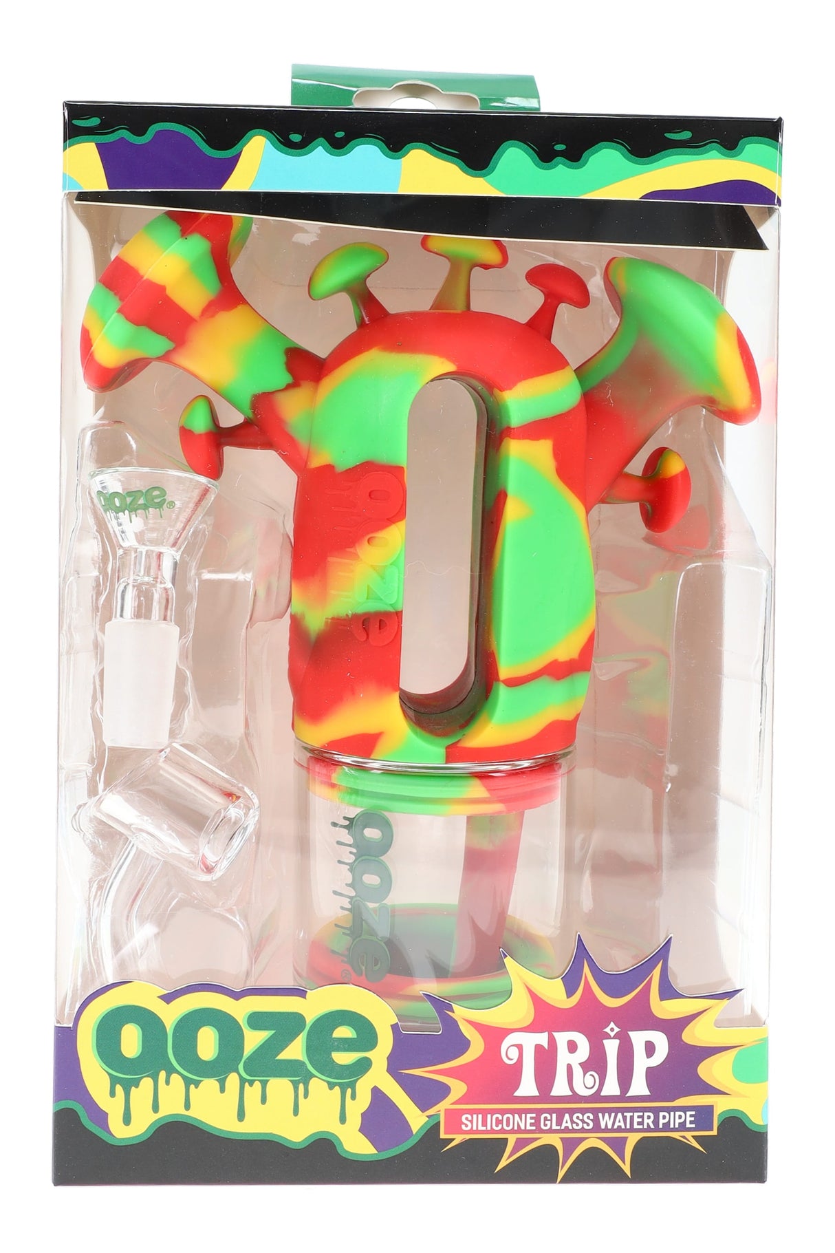 Rasta Ooze “Trip” silicone glass water pipe set in retail box, includes 14 mm quartz banger and 14 mm glass herb bowl.
