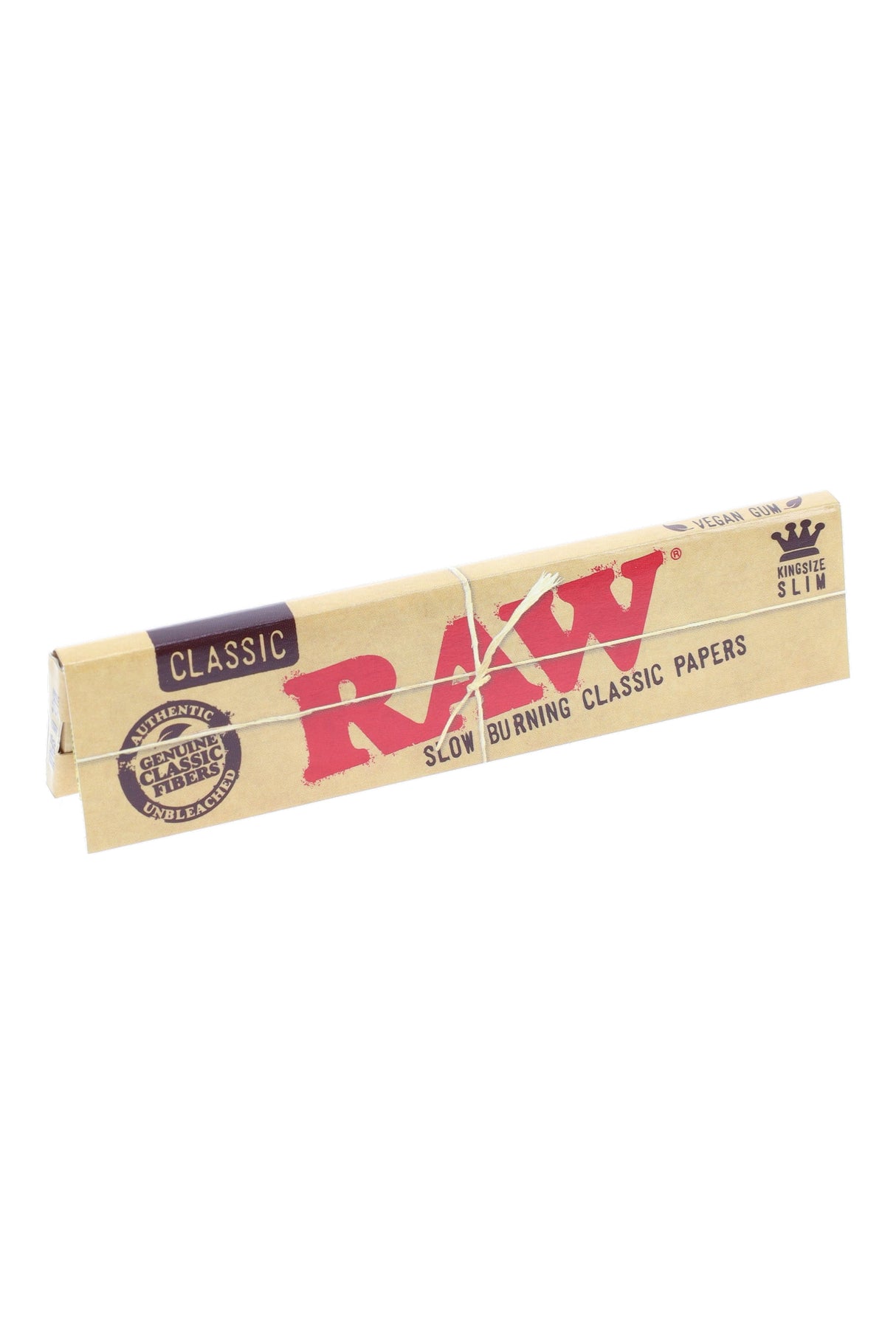 Single RAW King Size Slim booklet with string tie; 32-leaf pack for approx. 109 mm rolls, unbleached paper and vegan gum.