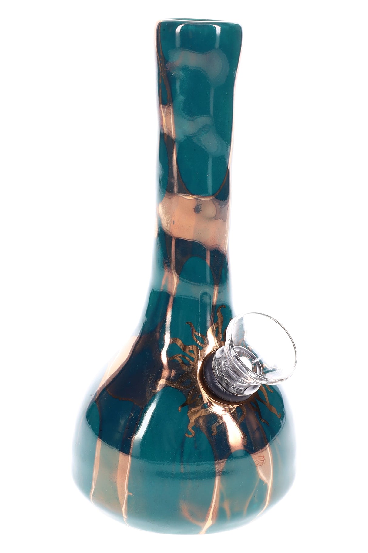 Teal 5″ mini ceramic bong with gold “sunshine” design and carb hole, beaker-style base and grommet joint.