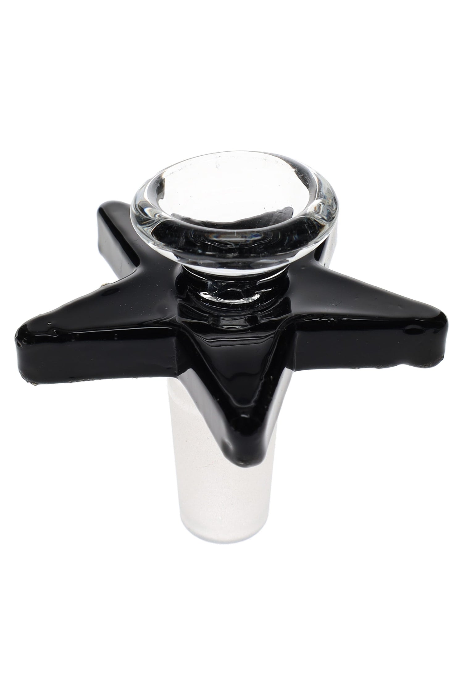 Glossy black star-shaped glass bong bowl featuring a 14.5 mm male frosted joint and clear cup; sturdy replacement slide for dry herb.