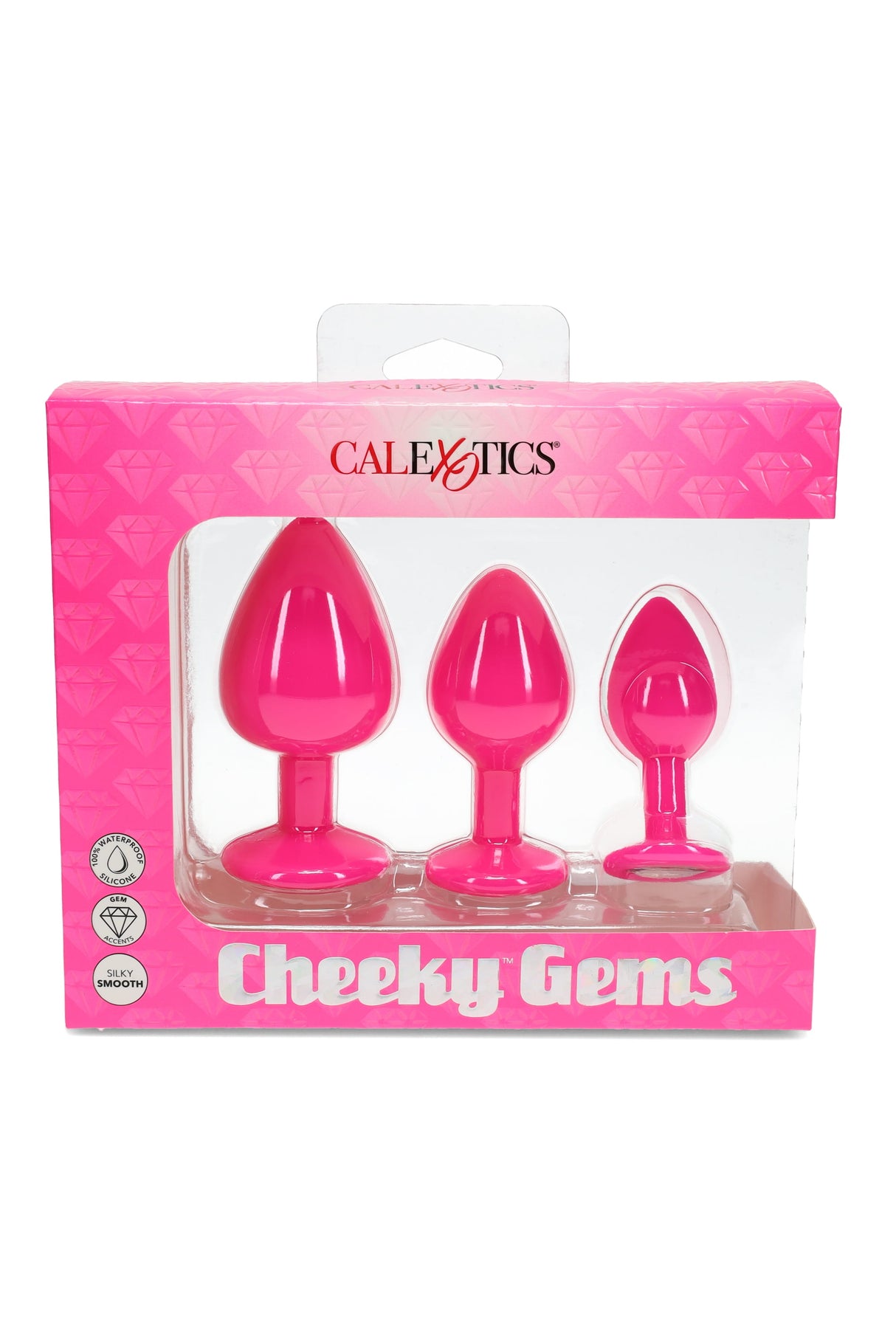 Cheeky Gems three-piece silicone butt plug set in bright pink with flared jewel bases, presented in retail box with waterproof icons.