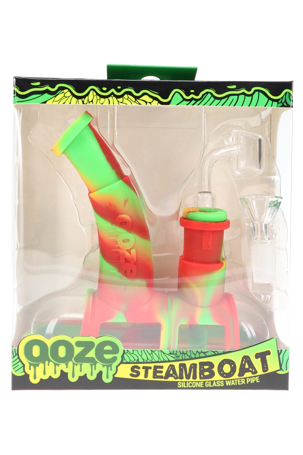Ooze Steamboat silicone glass water pipe in rasta red-yellow-green, boxed with quartz banger and 14 mm glass bowl slide.