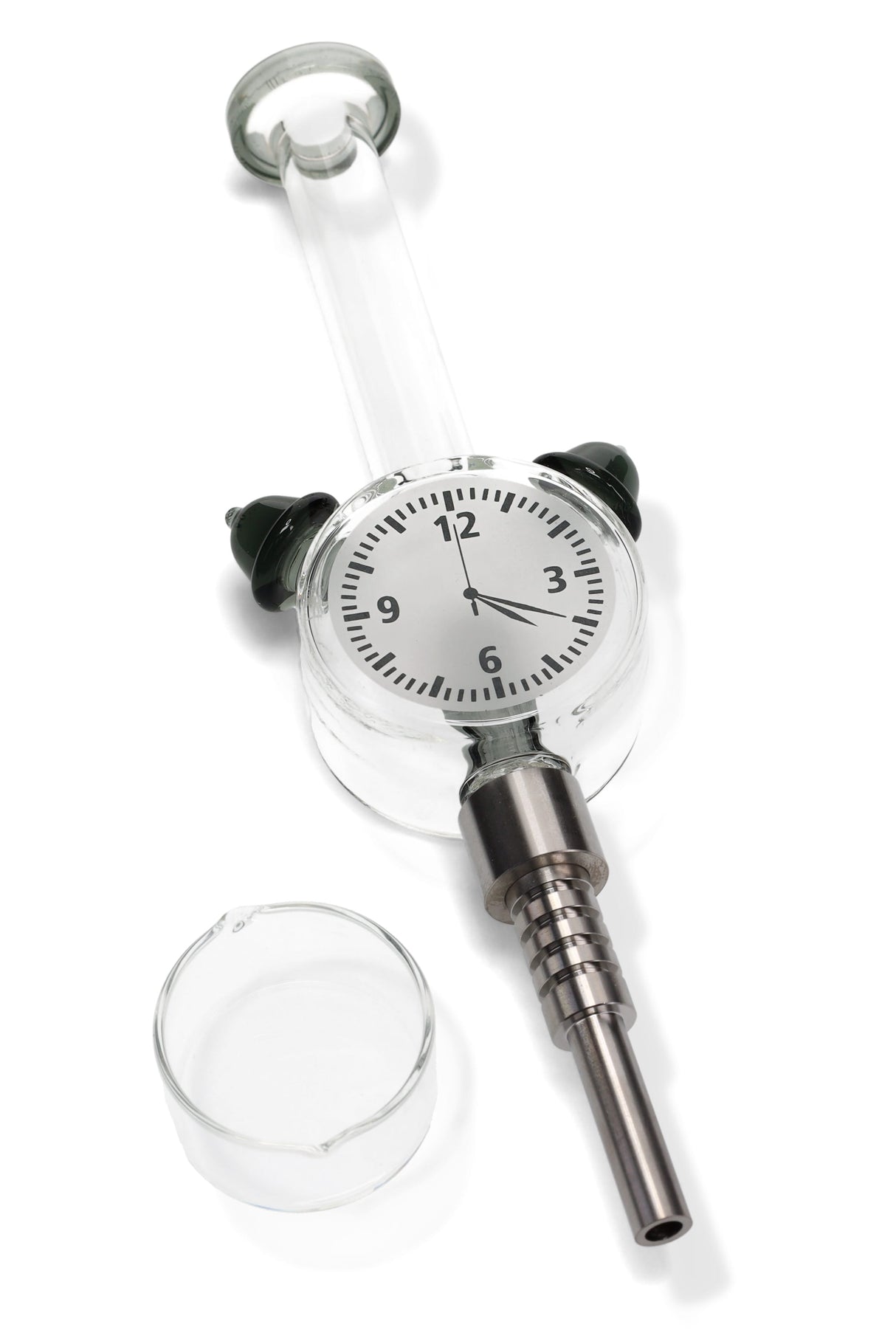 Gray-accent glass clock dab straw featuring screw-on metal tip and included quartz dish; 8-inch concentrate tool.