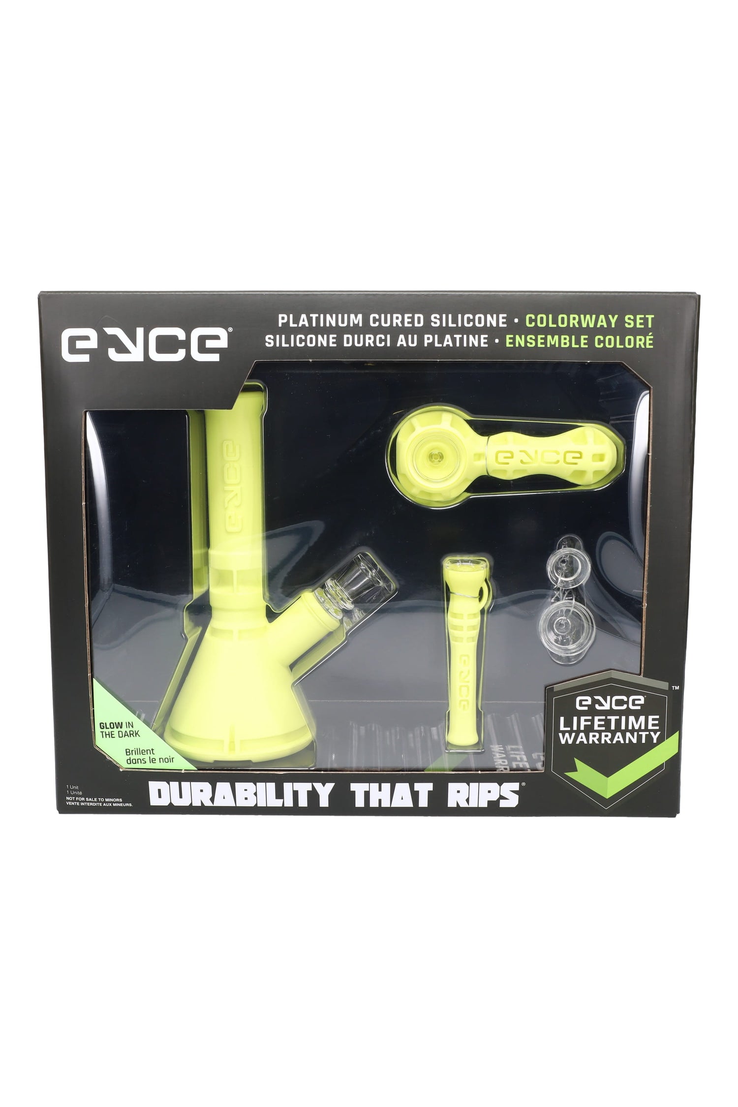 Eyce Colorway Set boxed in glow-in-the-dark yellow, featuring beaker, spoon, collector, and accessories.