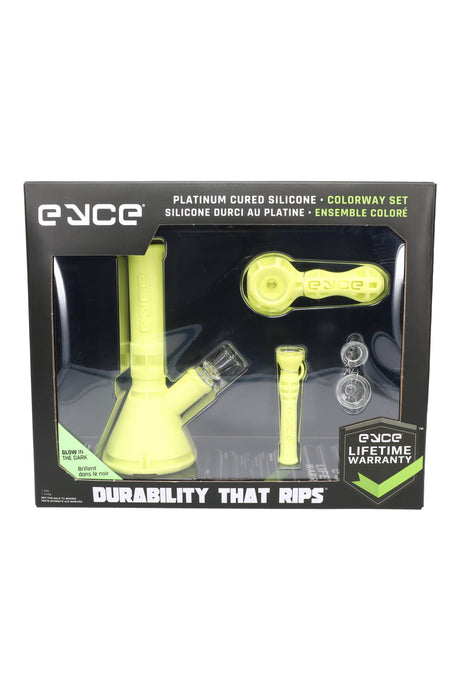 Eyce Colorway Set boxed in glow-in-the-dark yellow, featuring beaker, spoon, collector, and accessories.