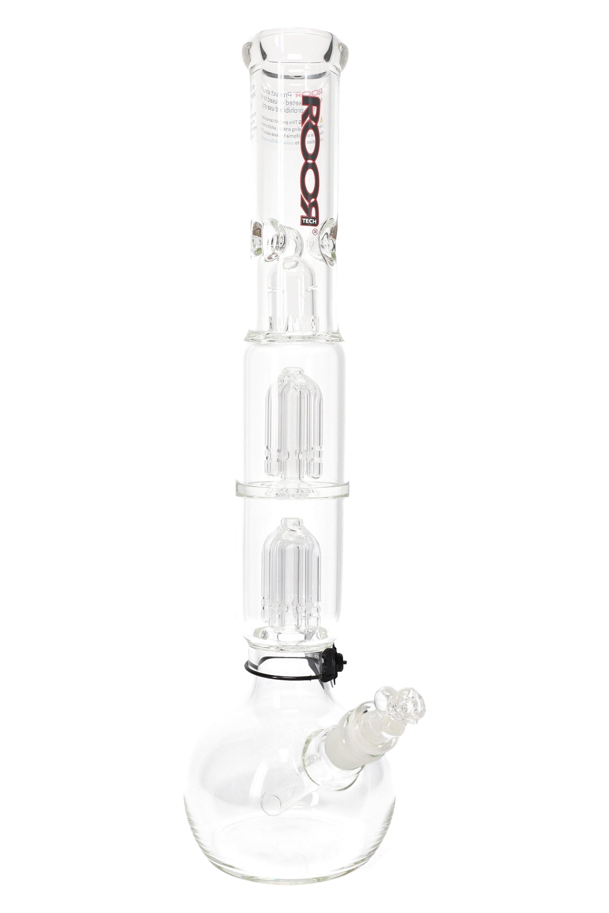 ROOR Tech bubble-base water pipe showing three stacked chambers with tree percs and red ROOR decal, glass-on-glass bowl and downstem.